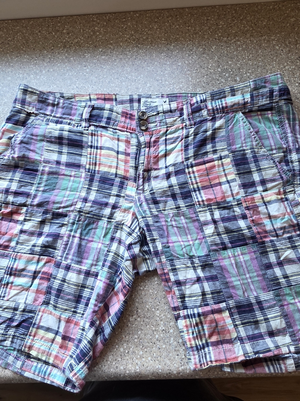 American Eagle Outfitters Plaid Patchwork Shorts in Purple, Pink, Green, Navy
